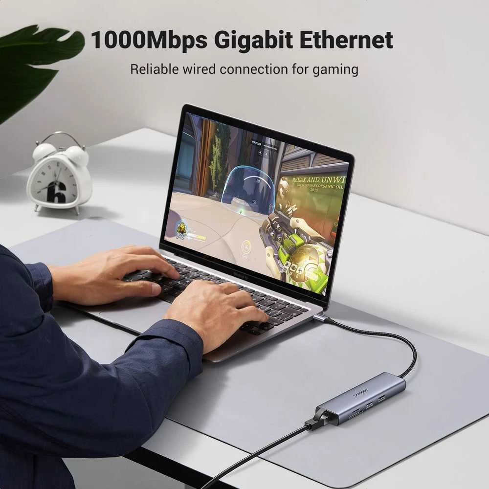Adapterio šakotuvas UGREEN, USB-C iki 2x USB 3.0, HDMI, RJ45, SD/TF