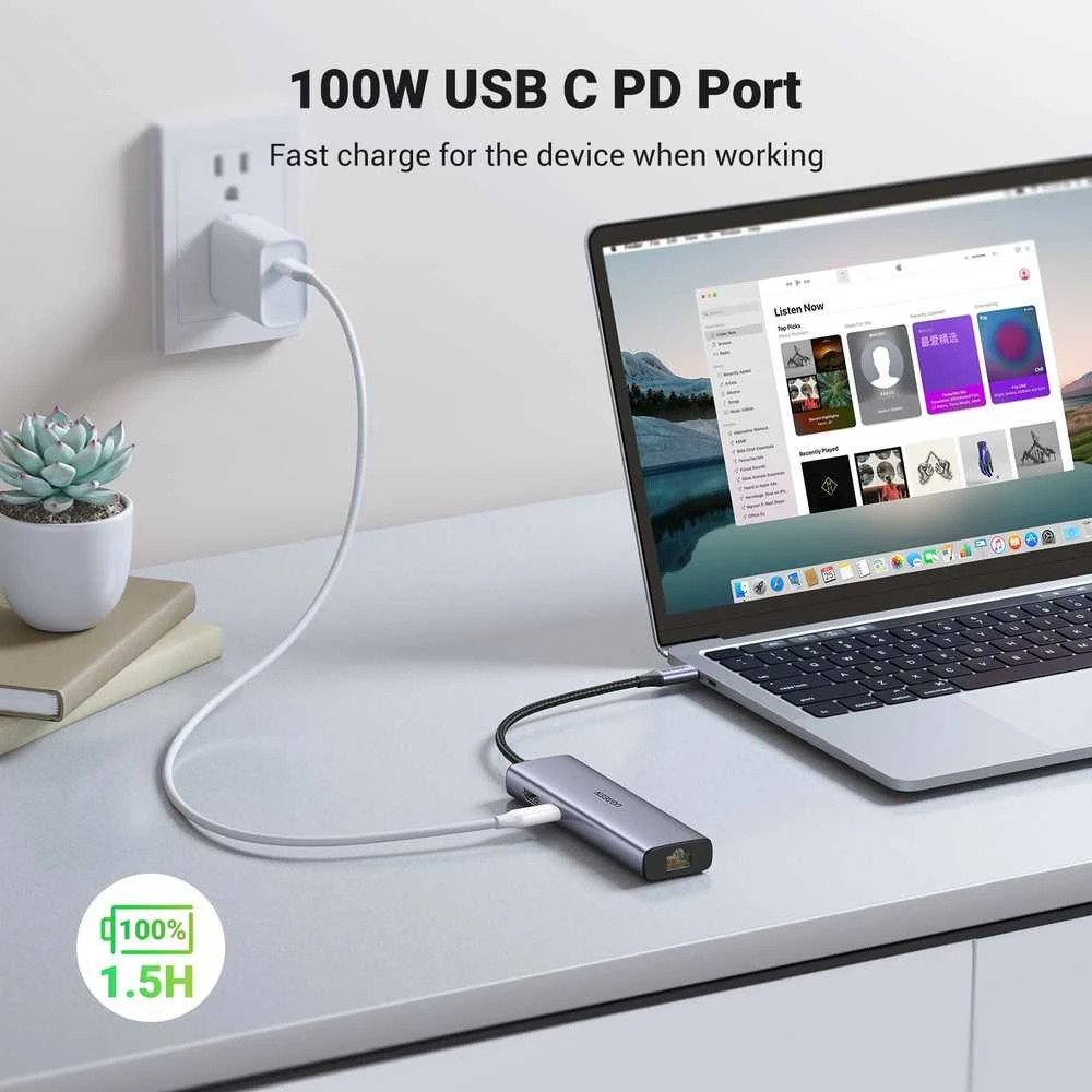 Adapterio šakotuvas UGREEN, USB-C iki 2x USB 3.0, HDMI, RJ45, SD/TF
