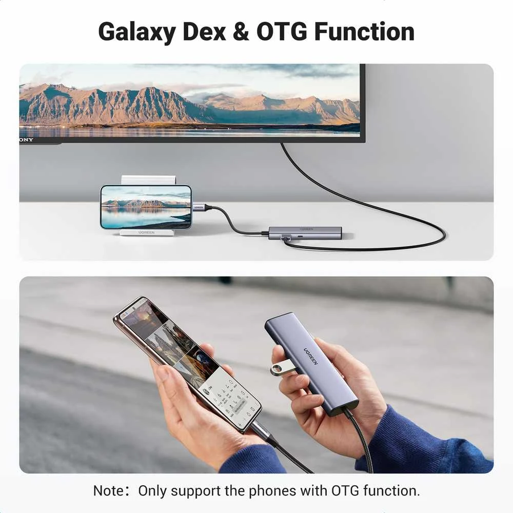Adapterio šakotuvas UGREEN, USB-C iki 2x USB 3.0, HDMI, RJ45, SD/TF