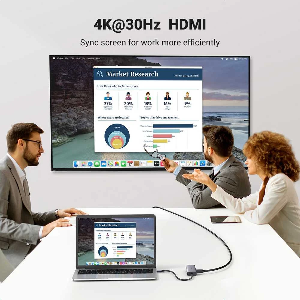 Adapterio šakotuvas UGREEN, USB-C iki 2x USB 3.0, HDMI, RJ45, SD/TF