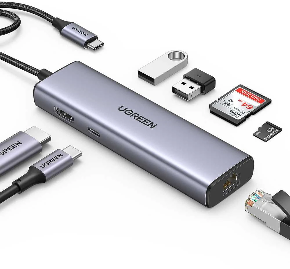 Adapterio šakotuvas UGREEN, USB-C iki 2x USB 3.0, HDMI, RJ45, SD/TF