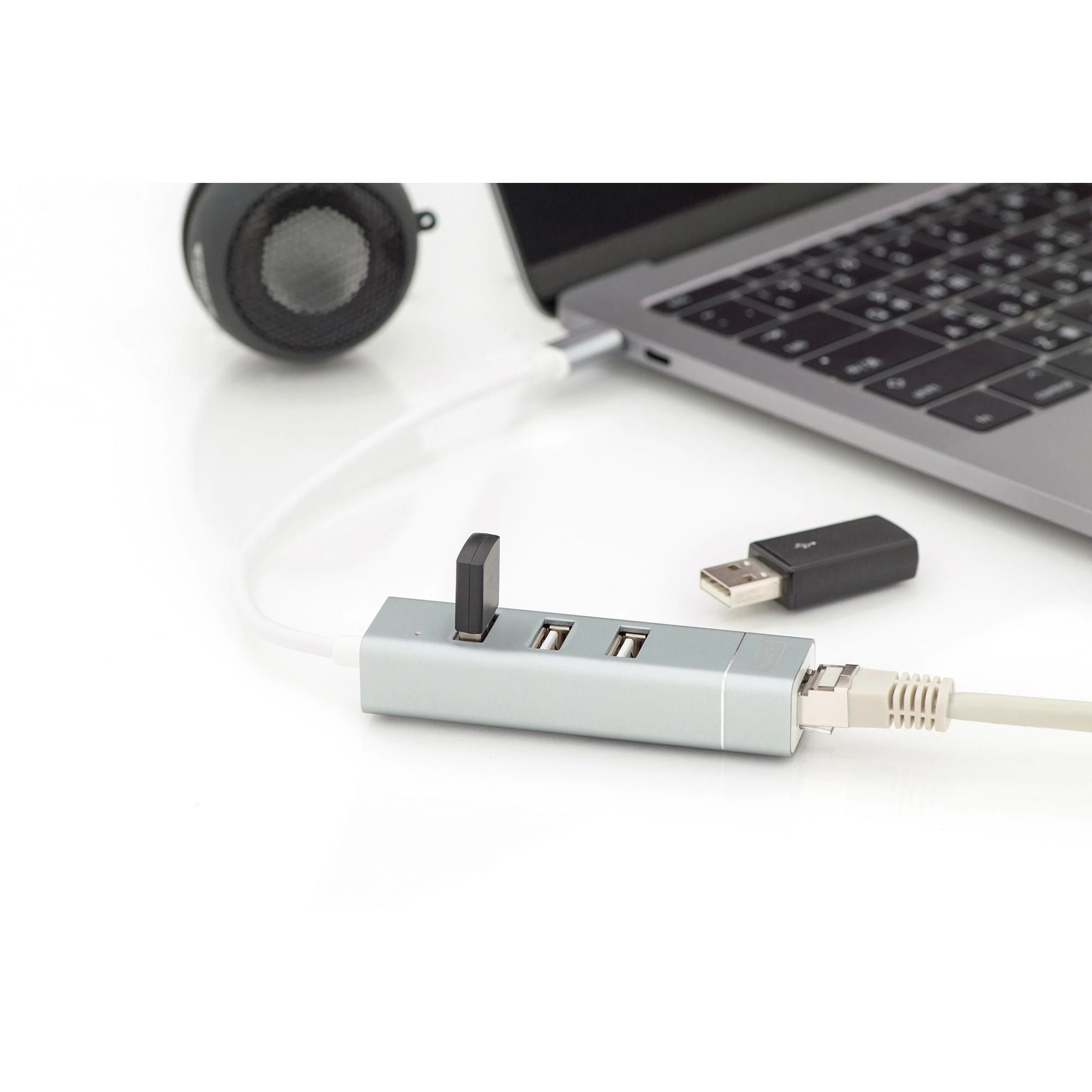 Assmann Electronic DIGITUS USB 2.0 3 prievadų šakotuvas + greitas Ethernet LAN adapteris su C tipo jungtimi