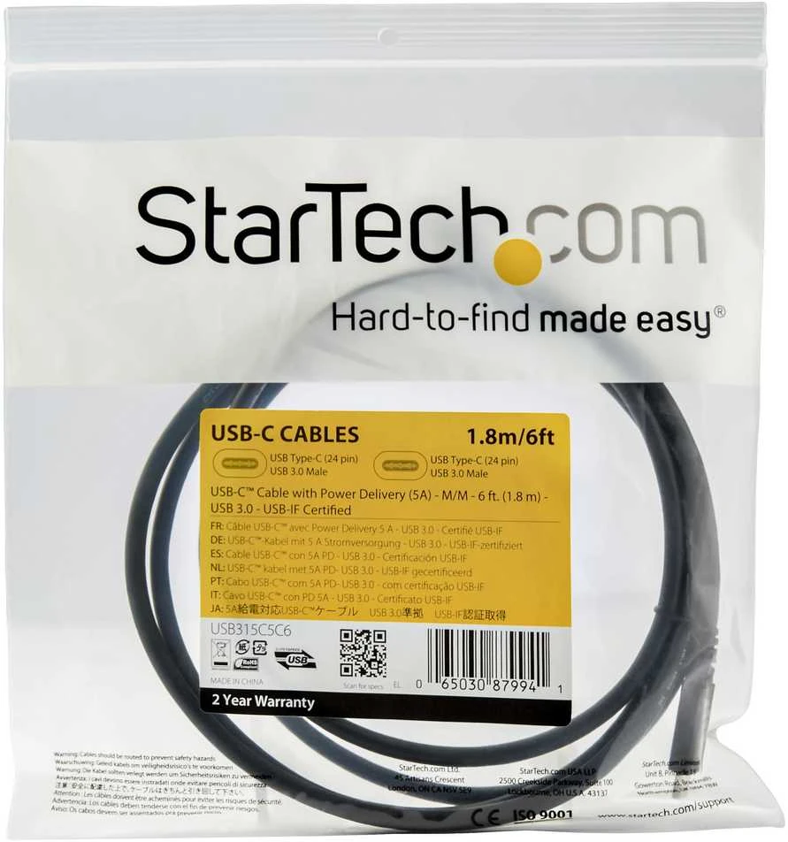 „Startech Accessories“ kabelis, 1,8 m, USB 3.1, 5Gbps, PD (5A), C į C tipo, Ca