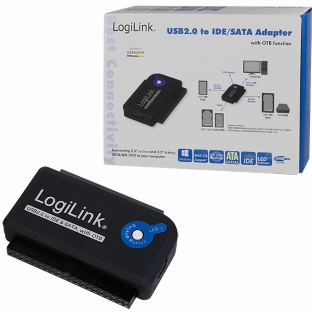 LogiLink Adapteris USB 2.0 iki 2.5 + 3.5 col. IDE + SATA HDD OTB - Juodas - 1xUSB A vyriškas 1x40 kontaktų SATA moteriškas 1x44 kontaktų SATA moteriškas