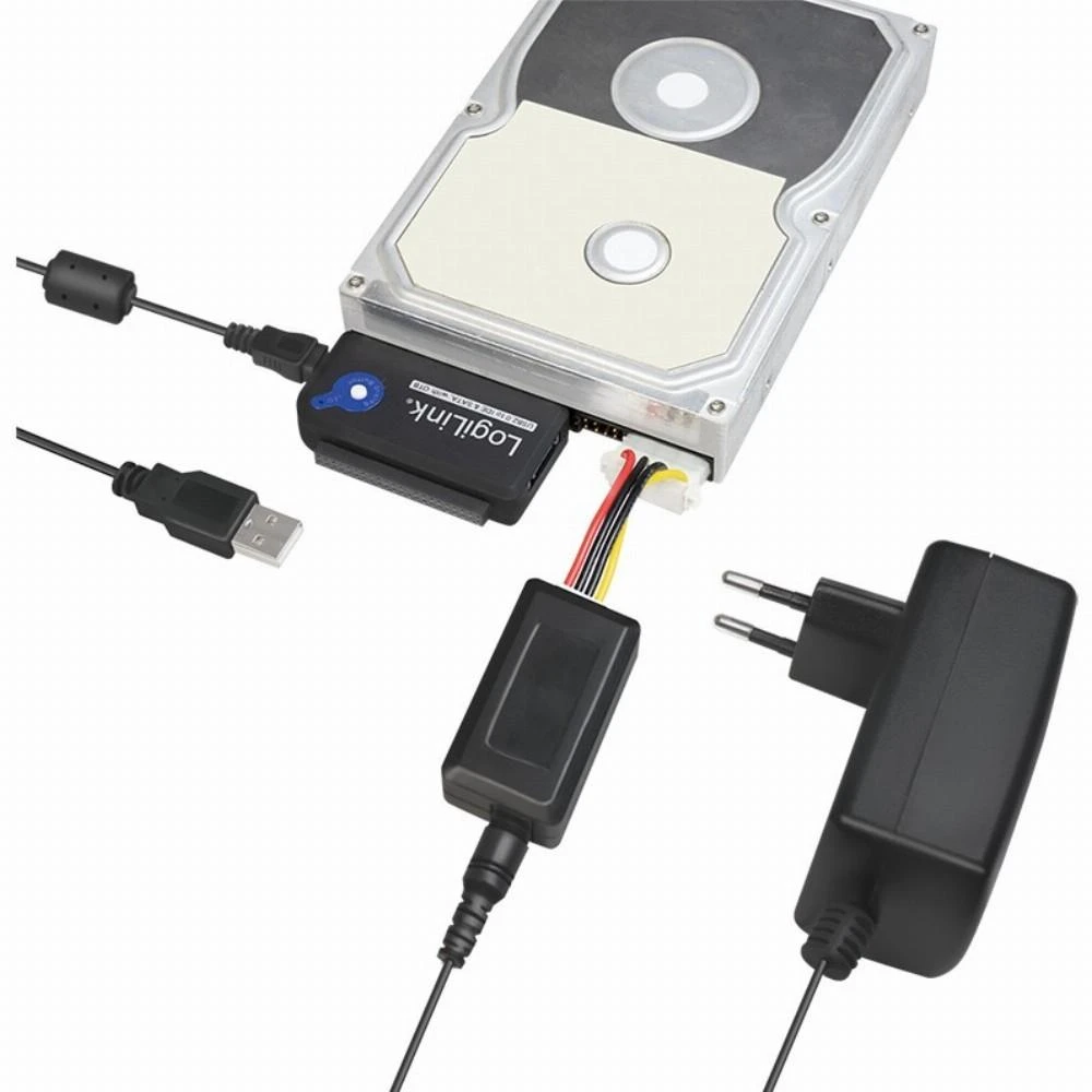 LogiLink Adapteris USB 2.0 iki 2.5 + 3.5 col. IDE + SATA HDD OTB - Juodas - 1xUSB A vyriškas 1x40 kontaktų SATA moteriškas 1x44 kontaktų SATA moteriškas