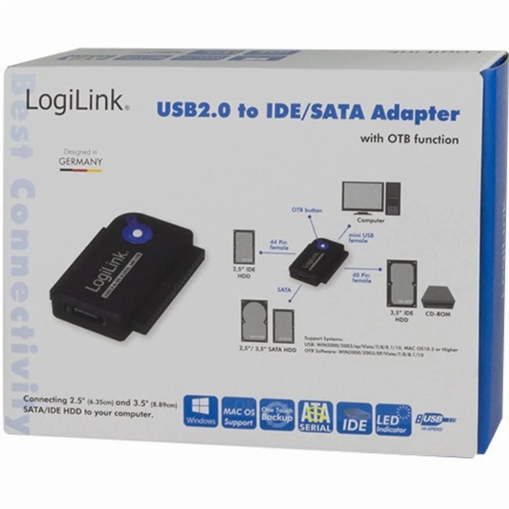 LogiLink Adapteris USB 2.0 iki 2.5 + 3.5 col. IDE + SATA HDD OTB - Juodas - 1xUSB A vyriškas 1x40 kontaktų SATA moteriškas 1x44 kontaktų SATA moteriškas