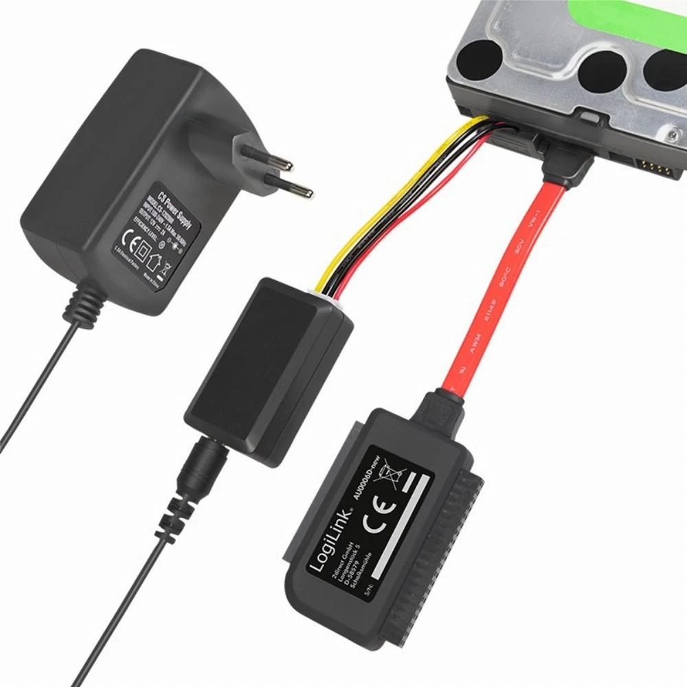 LogiLink Adapteris USB 2.0 iki 2.5 + 3.5 col. IDE + SATA HDD OTB - Juodas - 1xUSB A vyriškas 1x40 kontaktų SATA moteriškas 1x44 kontaktų SATA moteriškas