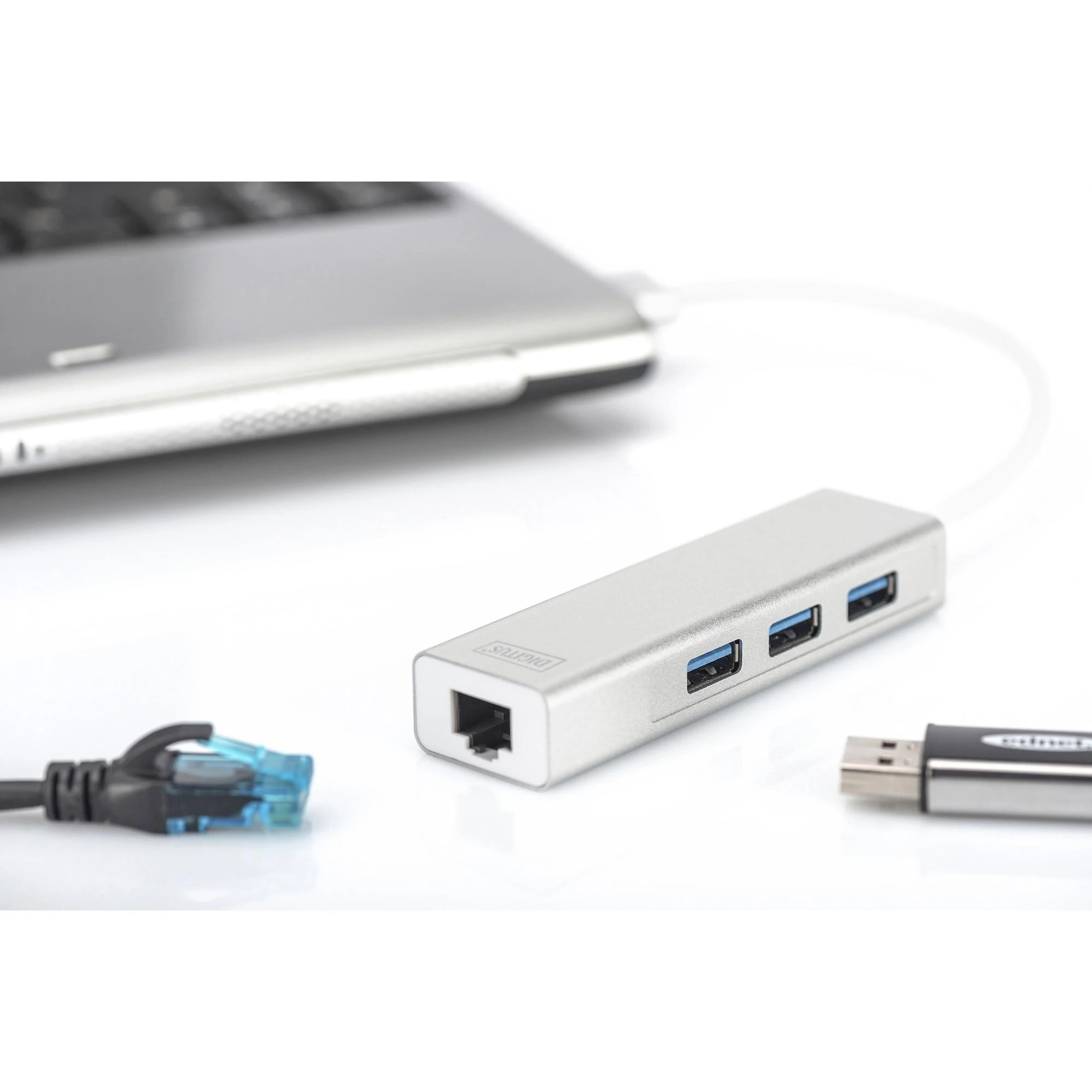 Assmann Electronic DIGITUS USB3.0 3 prievadų HUB & GLAN adapteriai 3xUSB A/F 1xUSB A/M 1xRJ45 LAN