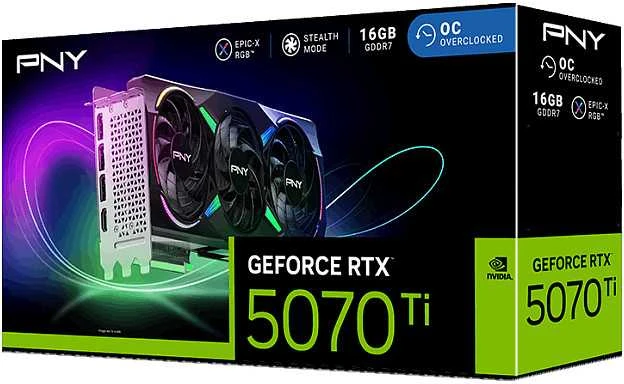 PNY Technologies RTX 5070TI 16GB PNY žaidimų vaizdo plokštė su trijų ventiliatorių ventiliatoriumi ARGB
