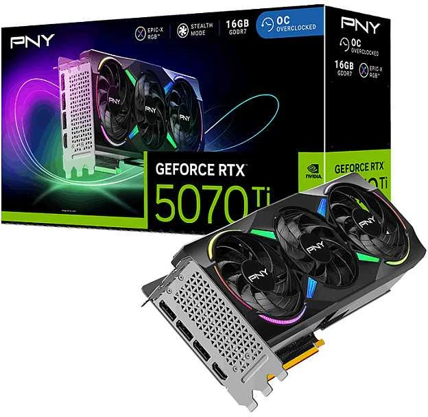 PNY Technologies RTX 5070TI 16GB PNY žaidimų vaizdo plokštė su trijų ventiliatorių ventiliatoriumi ARGB