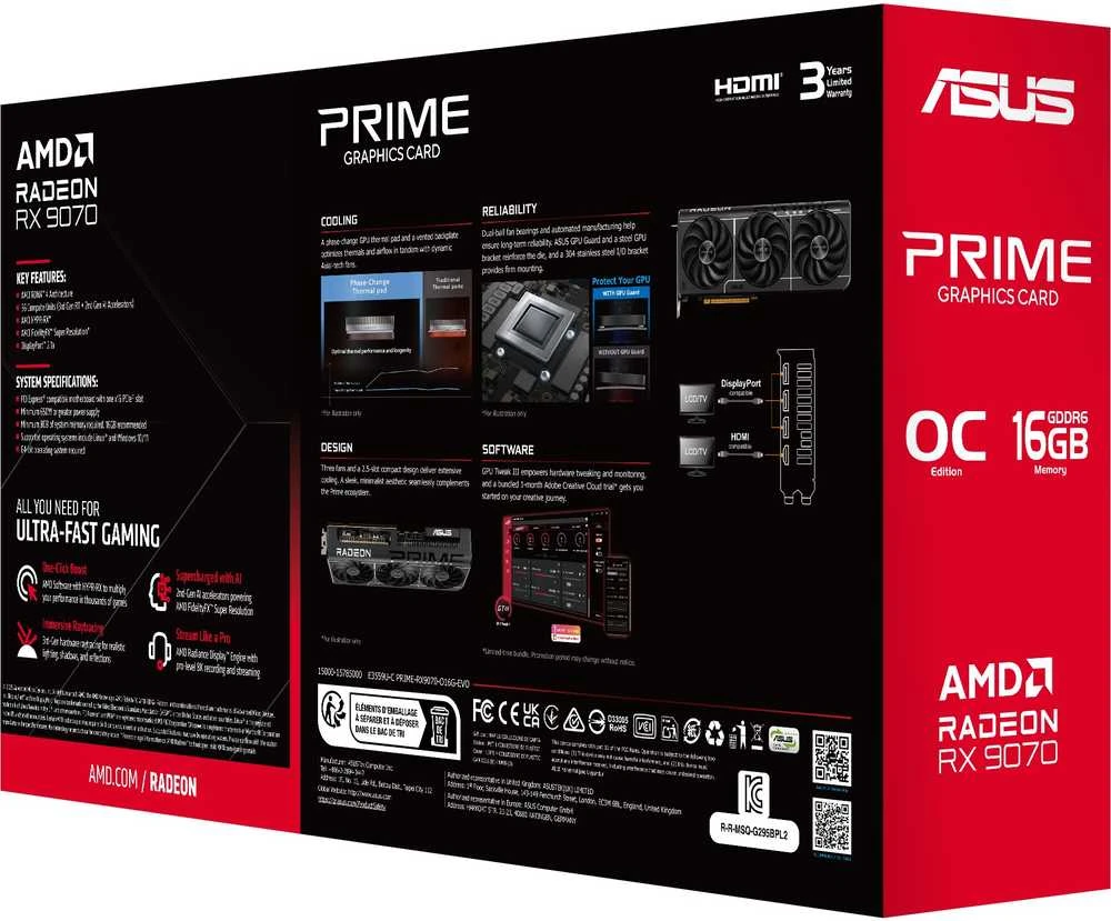 Vaizdo plokštė Nezatříděno ASUS Prime Radeon RX 9070 EVO OC Edition, 16384 MB GDDR6