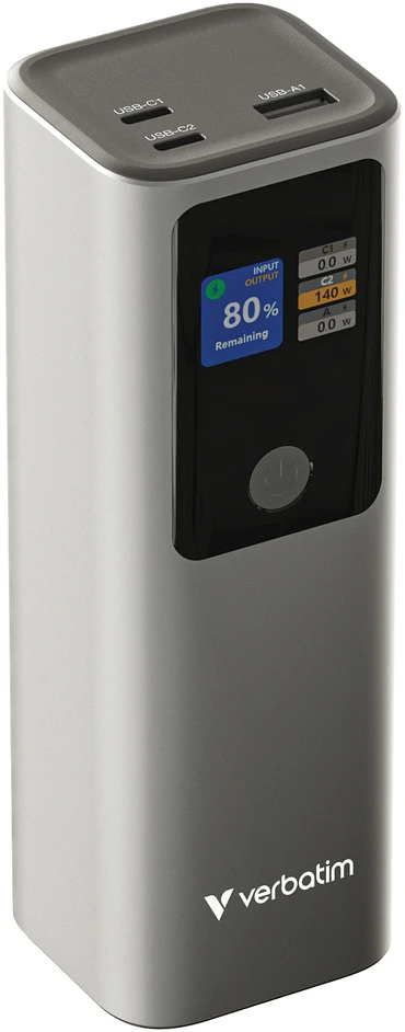 Verbatim Charge 'n' Go išorinė baterija, 27000mAh, 2× USB-C PD 3.1 140W + USB-A QC 3.0 18W, Pilkas