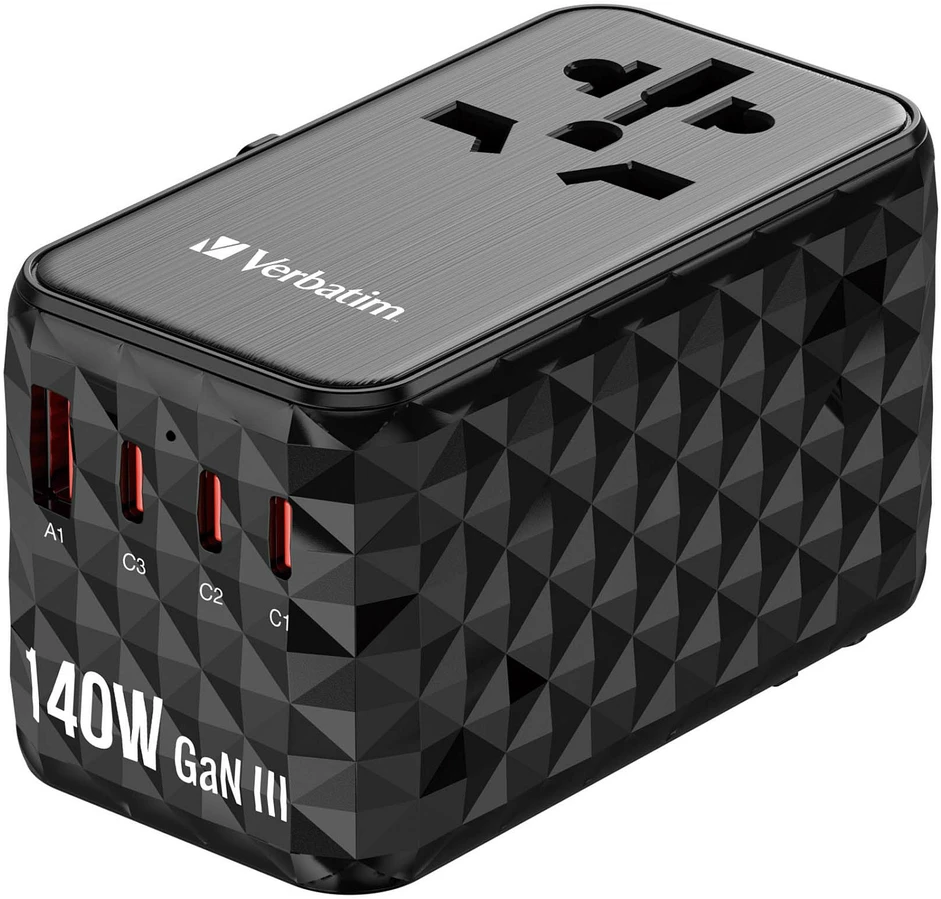 Verbatim kelioninis adapteris EU/UK/US GaN USB-A/3xUSB-C PD 140W UTA-10 juodas 32125