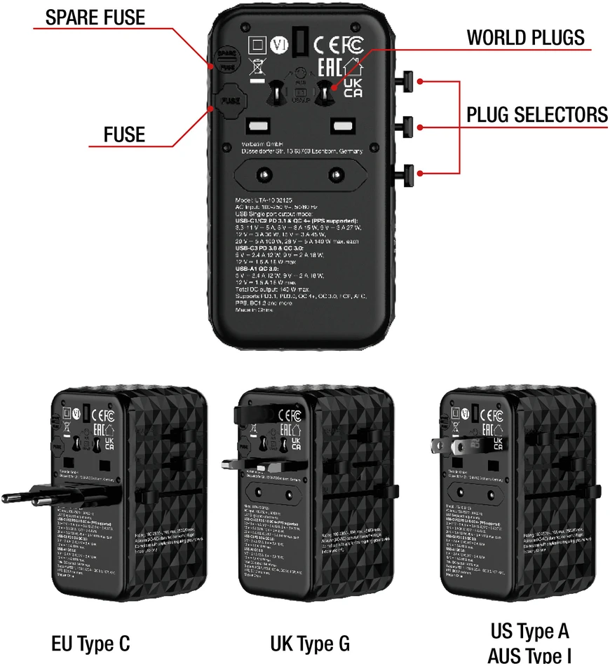 Verbatim kelioninis adapteris EU/UK/US GaN USB-A/3xUSB-C PD 140W UTA-10 juodas 32125