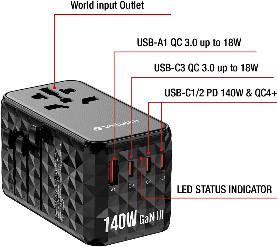 Verbatim kelioninis adapteris EU/UK/US GaN USB-A/3xUSB-C PD 140W UTA-10 juodas 32125