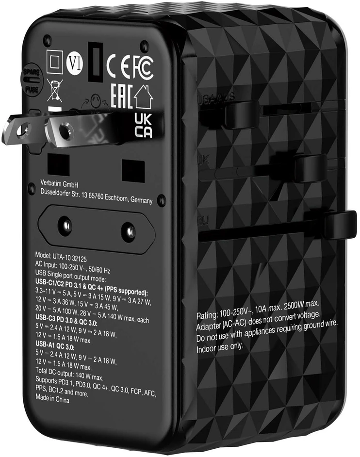 Verbatim kelioninis adapteris EU/UK/US GaN USB-A/3xUSB-C PD 140W UTA-10 juodas 32125