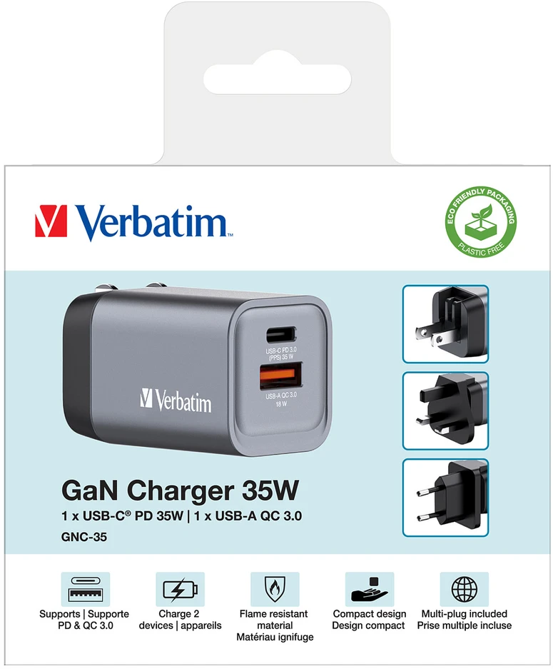 Verbatim GaN 35W Laidinis įkroviklis USB-C/USB-A + EU/UK/US Adapteris GNC-35 32200