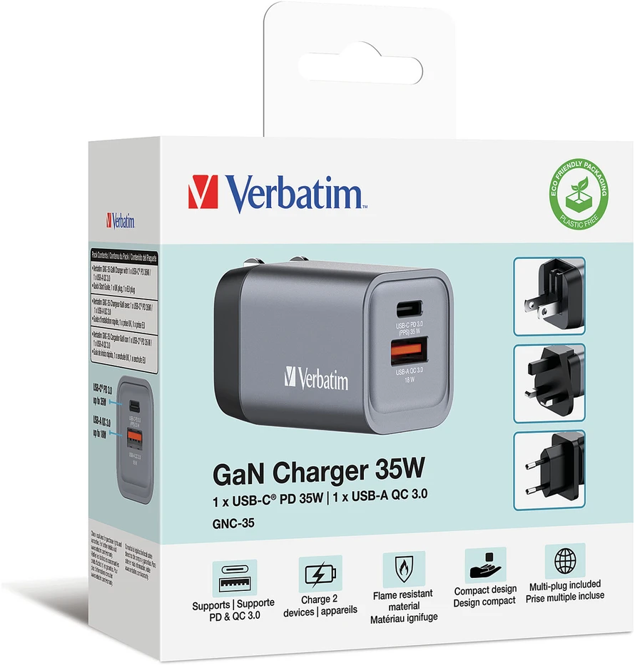 Verbatim GaN 35W Laidinis įkroviklis USB-C/USB-A + EU/UK/US Adapteris GNC-35 32200