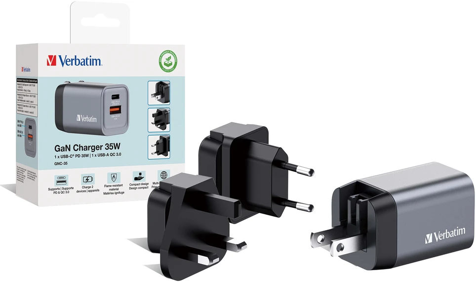 Verbatim GaN 35W Laidinis įkroviklis USB-C/USB-A + EU/UK/US Adapteris GNC-35 32200