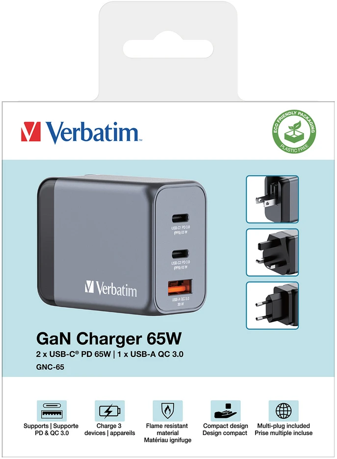 Verbatim GNC-65 GAN CHARGER 3 PORT 65W/U