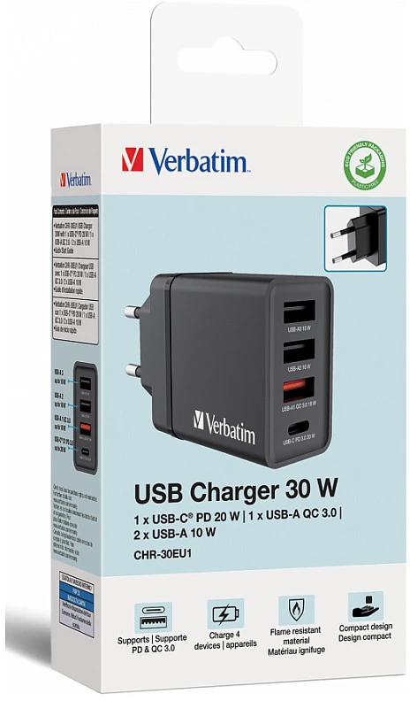 Verbatim 30W Laidinis įkroviklis 3xUSB-A/USB-C PD 3.0 CHR-30EU2 juodos spalvos 49700
