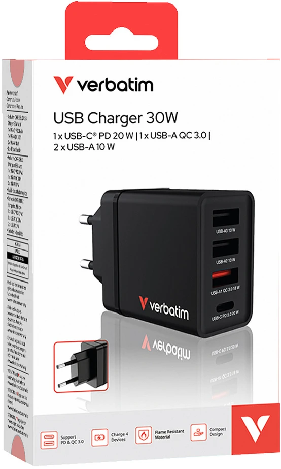 Verbatim 30W Laidinis įkroviklis 3xUSB-A/USB-C PD 3.0 CHR-30EU2 juodos spalvos 49700