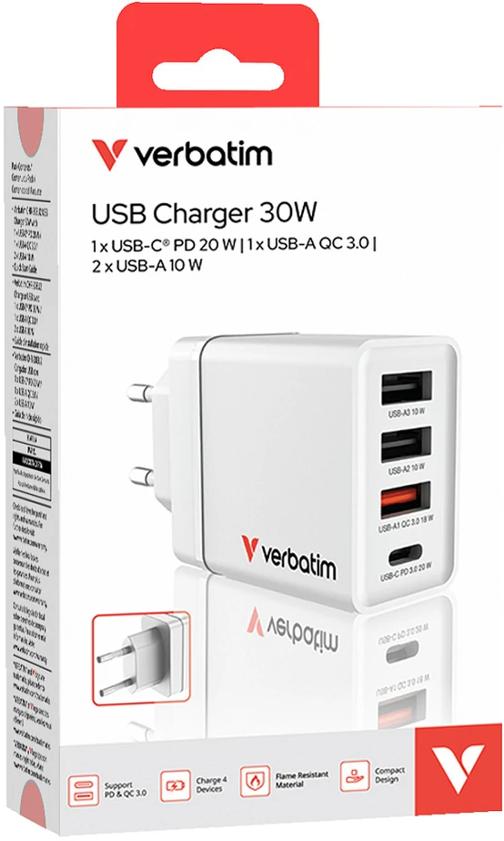 Verbatim 30W Laidinis įkroviklis 3xUSB-A/USB-C PD 3.0 CHR-30EU2 baltos spalvos 49701
