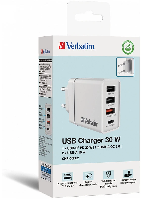 Verbatim 30W Laidinis įkroviklis 3xUSB-A/USB-C PD 3.0 CHR-30EU2 baltos spalvos 49701