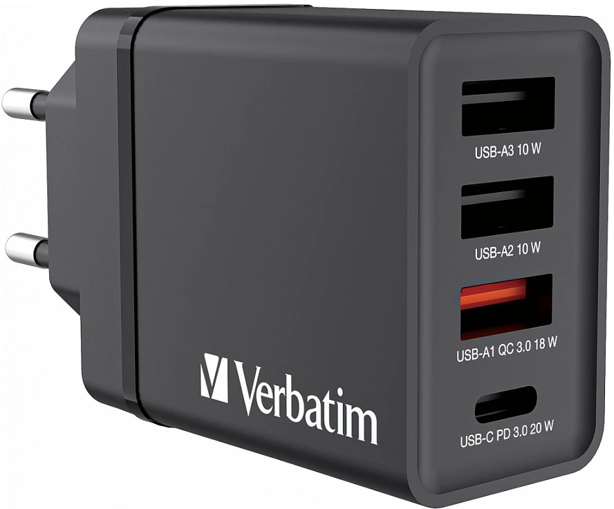 Verbatim 30W Laidinis įkroviklis 3xUSB-A/USB-C PD 3.0 CHR-30EU2 juodos spalvos 49700