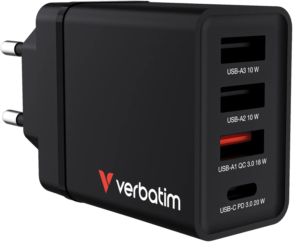 Verbatim 30W Laidinis įkroviklis 3xUSB-A/USB-C PD 3.0 CHR-30EU2 juodos spalvos 49700