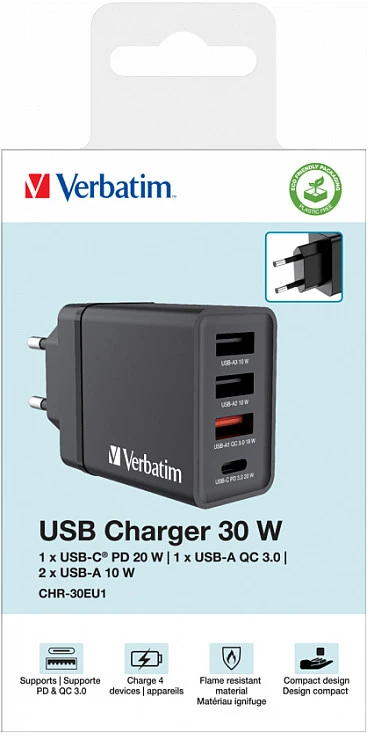 Verbatim 30W Laidinis įkroviklis 3xUSB-A/USB-C PD 3.0 CHR-30EU2 juodos spalvos 49700