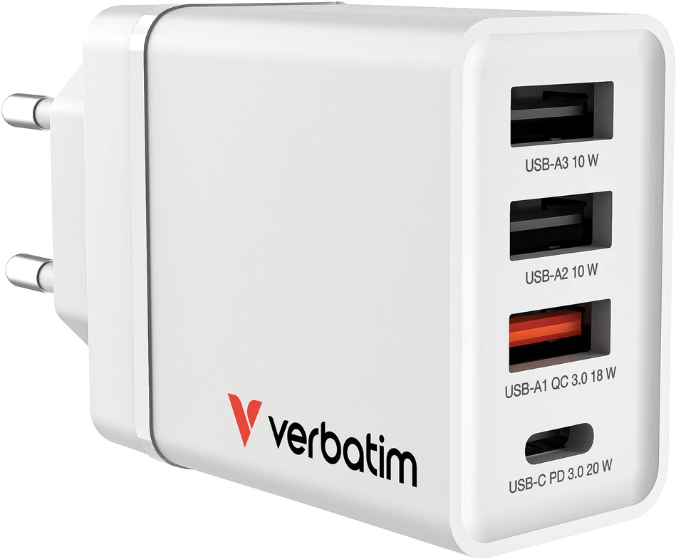 Verbatim 30W Laidinis įkroviklis 3xUSB-A/USB-C PD 3.0 CHR-30EU2 baltos spalvos 49701