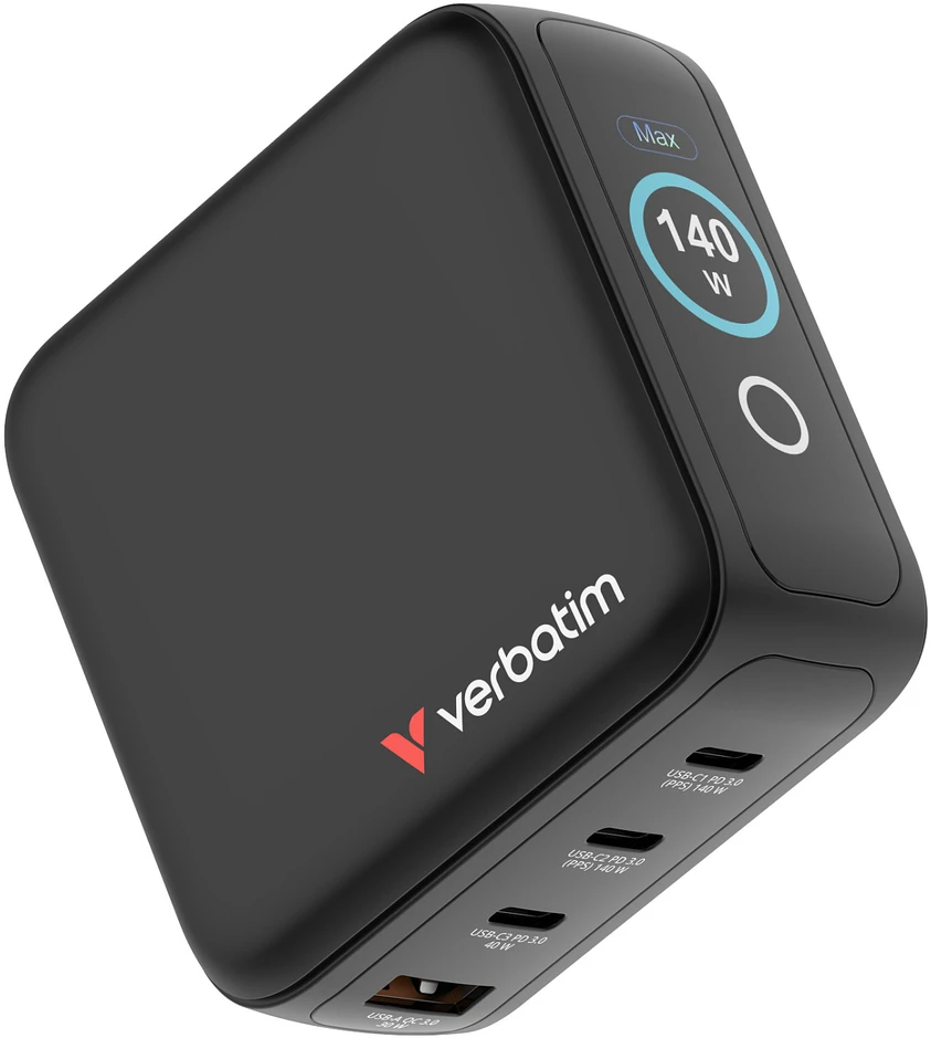 Verbatim Mini GaN Charger 140W with Ekranas, 3× USB-C PD, 1× USB-A QC 3.0, Juodas