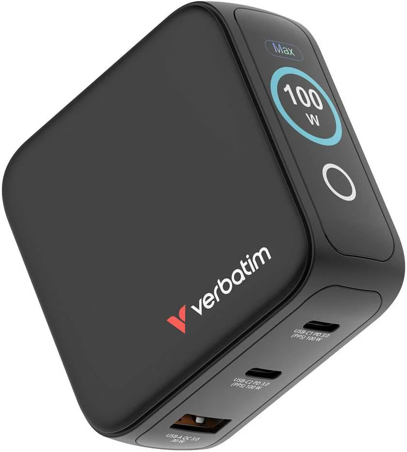 Verbatim Mini GaN Charger 100W with Ekranas, 2× USB-C PD, 1× USB-A QC 3.0, Juodas