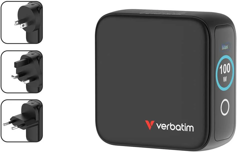 Verbatim Mini GaN Charger 100W with Ekranas, 2× USB-C PD, 1× USB-A QC 3.0, Juodas