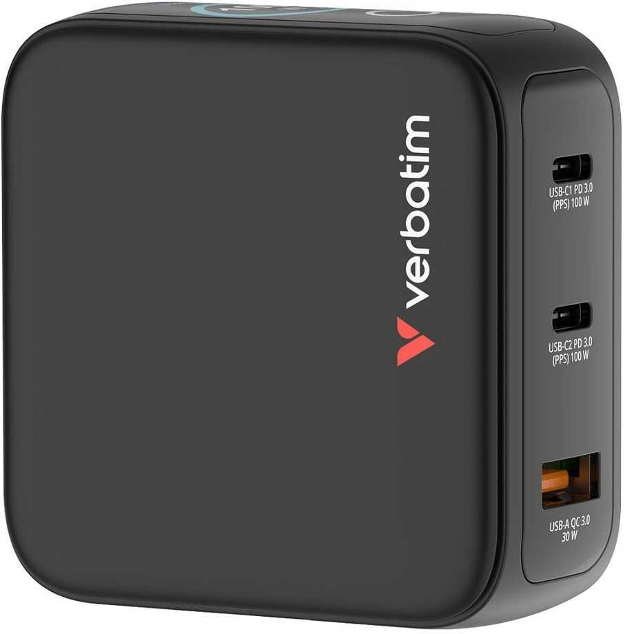 Verbatim Mini GaN Charger 100W with Ekranas, 2× USB-C PD, 1× USB-A QC 3.0, Juodas
