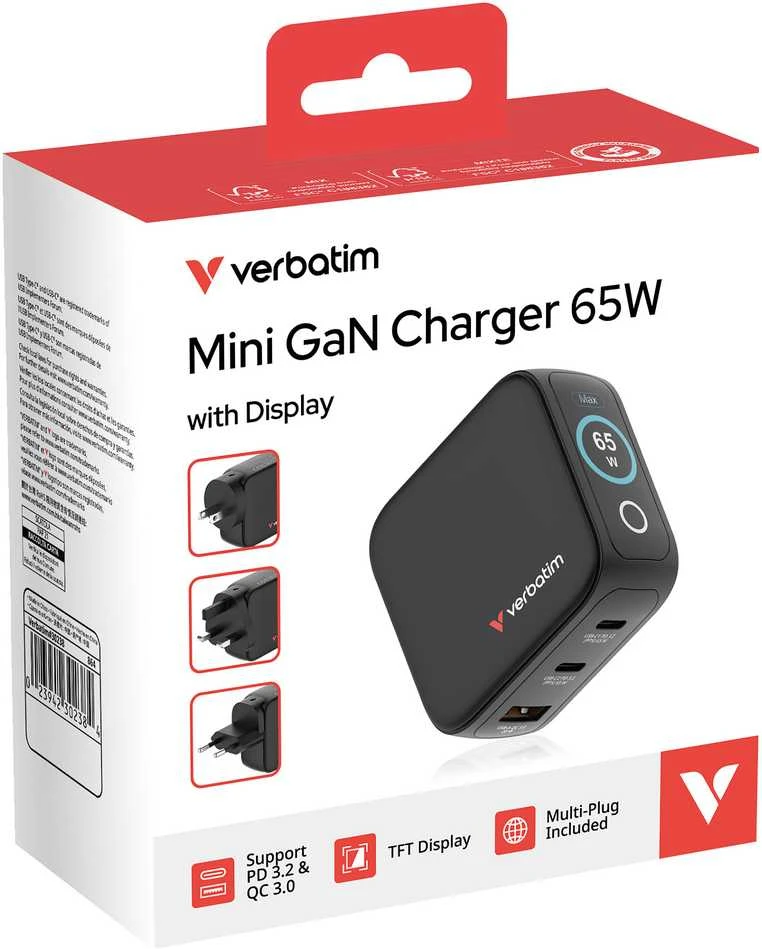 Verbatim Mini GaN mains charger 65W 2xUSB-C PD/1x USB-A QC EU/UK/USA adapter juodos spalvos 30238