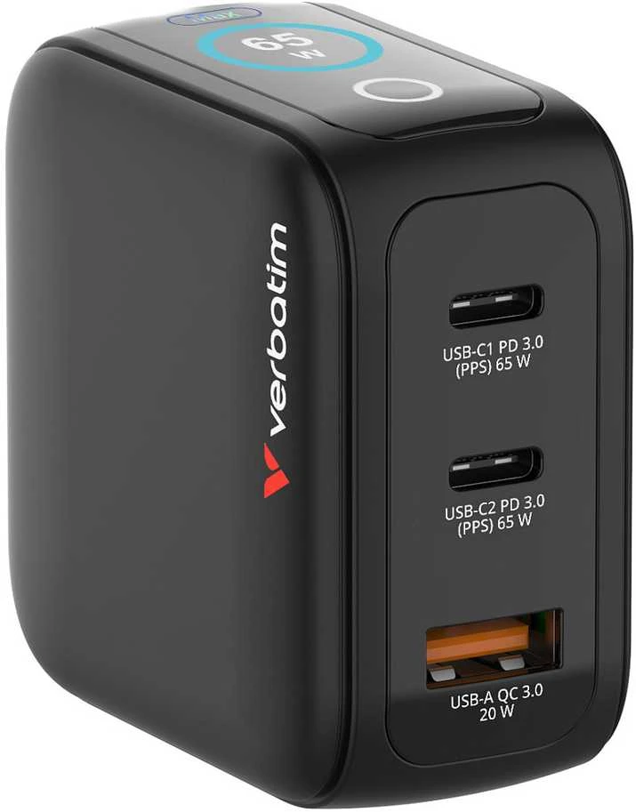 Verbatim Mini GaN mains charger 65W 2xUSB-C PD/1x USB-A QC EU/UK/USA adapter juodos spalvos 30238