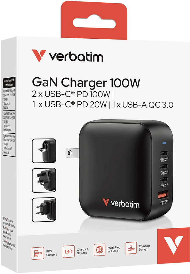 Wall Charger Verbatim Mini GaN 100W 3xUSB-C PD/1x USB-A QC juodas 32231