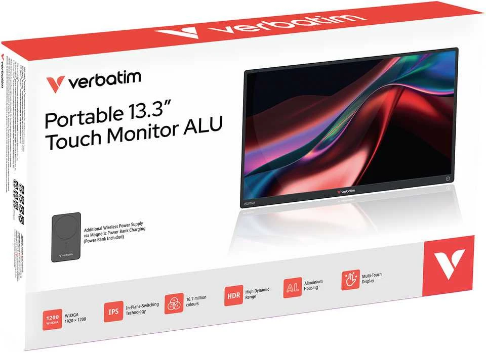 Verbatim Portable Jutiklinis ekranas Monitorius 13.3” ALU with 5000mAh Power Bank, Aliuminio Case, Juodas