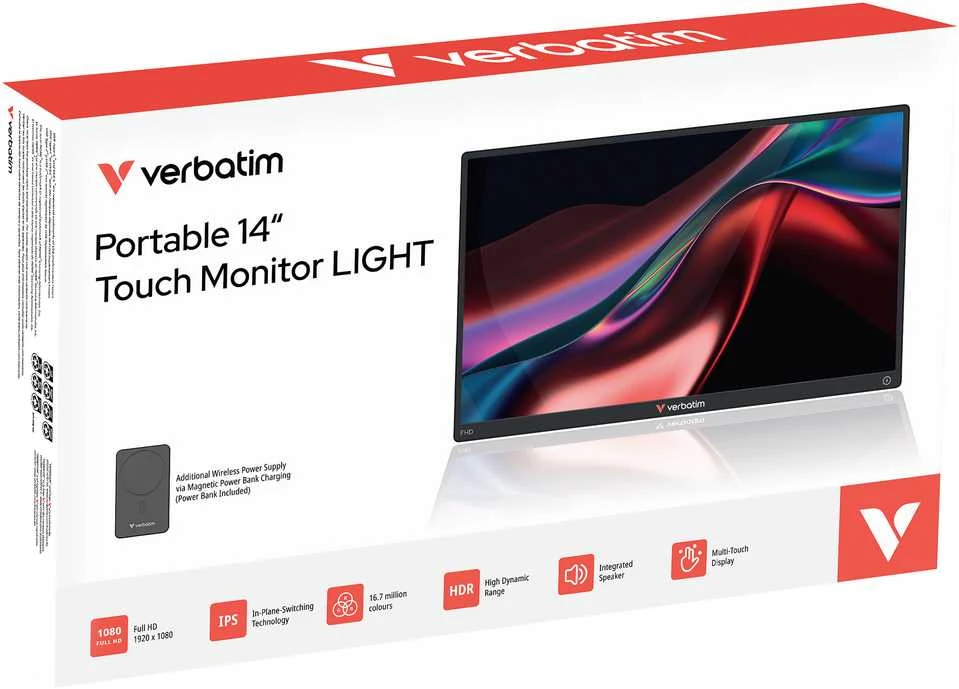 Nešiojamas jutiklinis monitorius Verbatim LIGHT 14" FHD su išorine baterija 5000mAh, juodas 32088