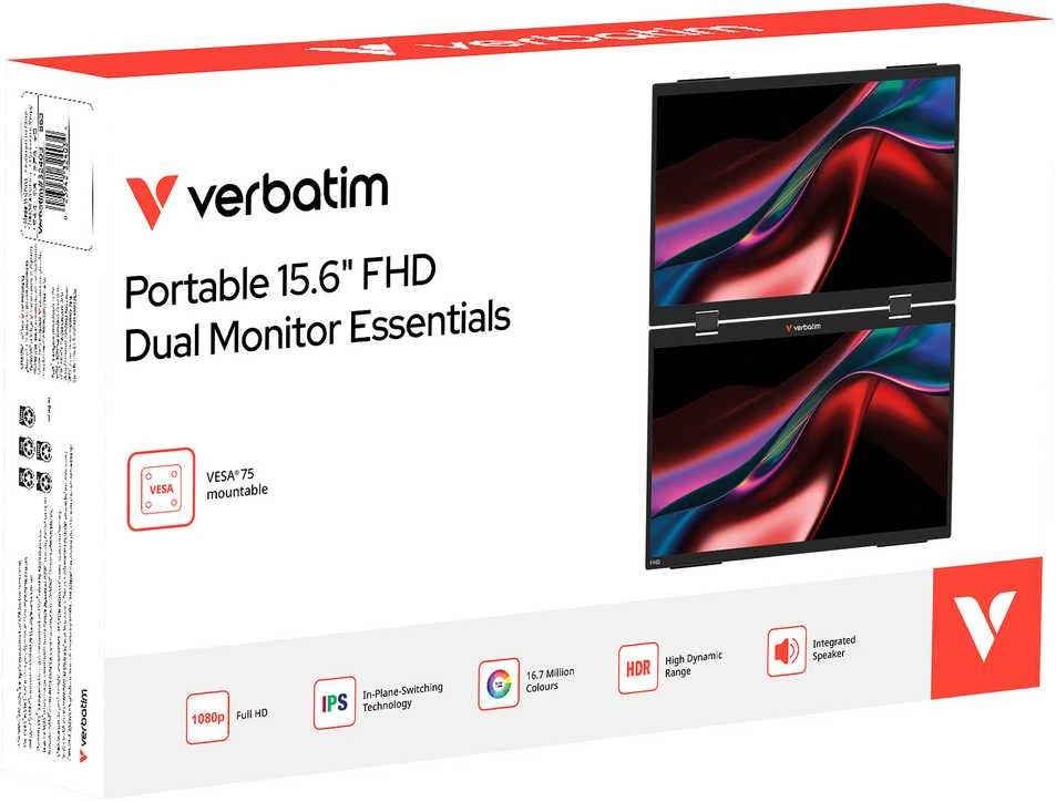 Monitorius „Verbatim Essentials“ nešiojamas dviejų monitorių ekranas, 15,6 colio, FHD, juodas, 32403