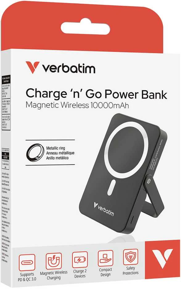 Powerbank Verbatim Charge n Go 10000mAh su stoveliu Magnetic Wireless juodos spalvos 32264