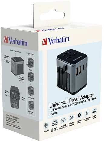 Verbatim Adapteris kelioninis EU/UK/US 2xUSB-A/2xUSB-C PD 30W UTA-03 juodos spalvos 49545