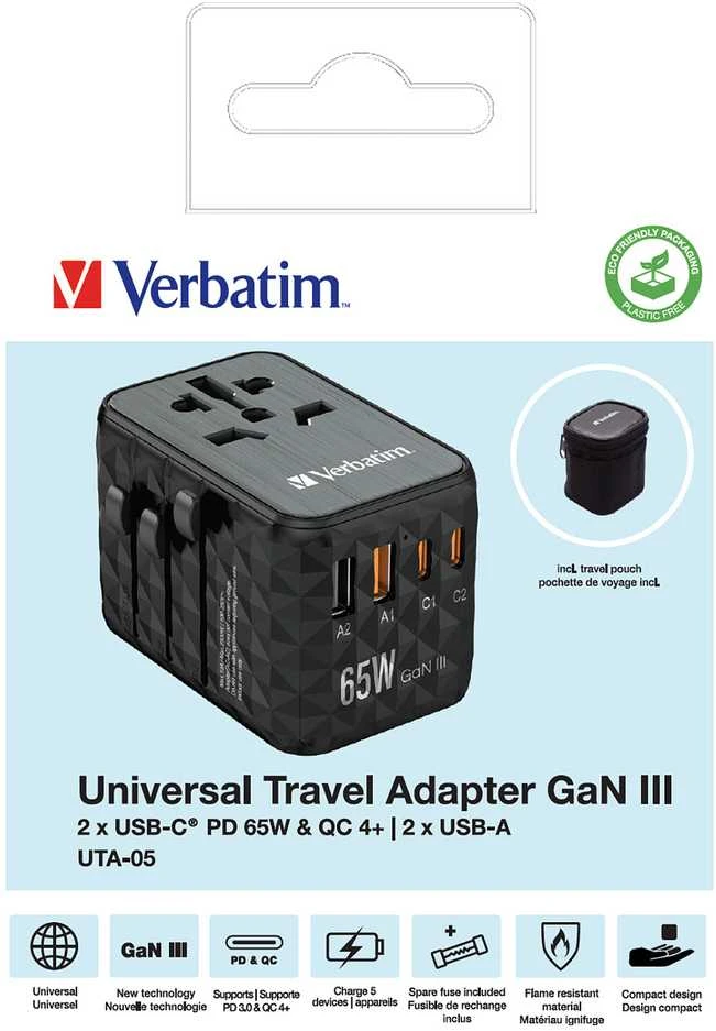 Verbatim kelioninis adapteris EU/UK/US GaN 2xUSB-A/2xUSB-C PD 65W UTA-05 juodas 32120
