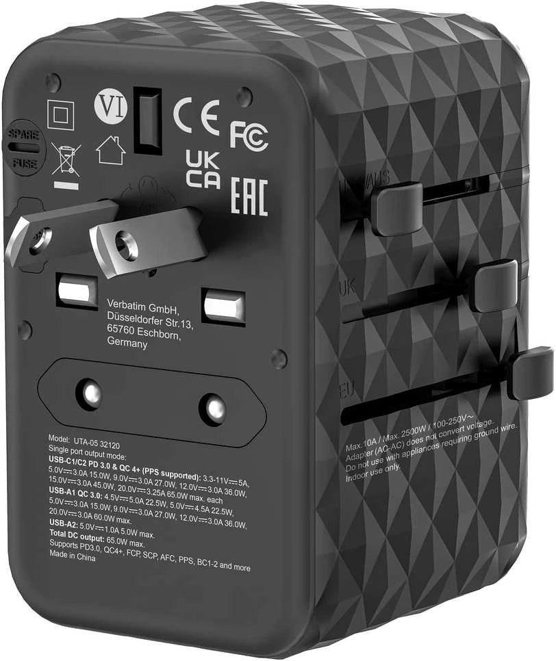 Verbatim kelioninis adapteris EU/UK/US GaN 2xUSB-A/2xUSB-C PD 65W UTA-05 juodas 32120