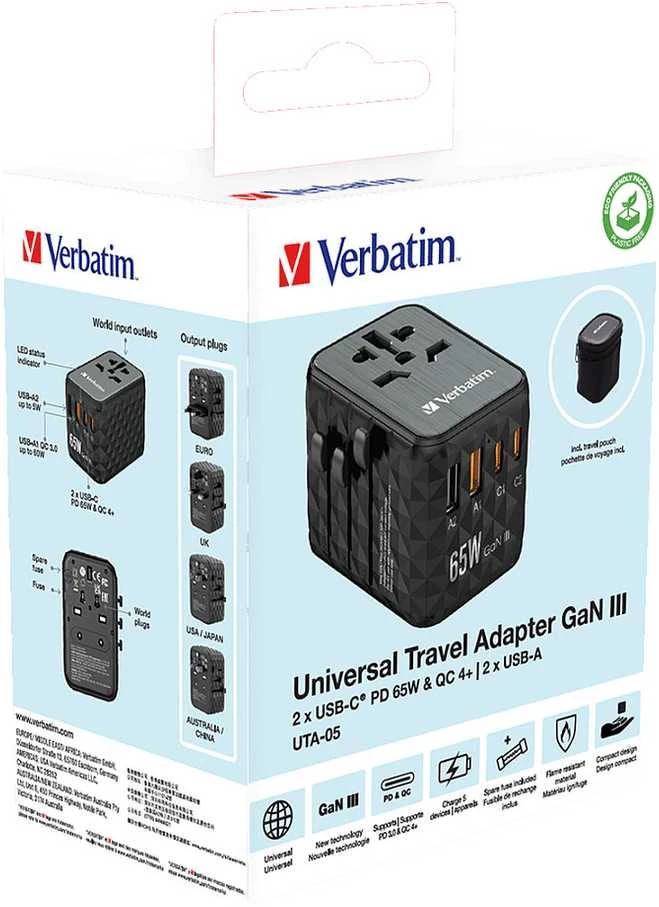 Verbatim kelioninis adapteris EU/UK/US GaN 2xUSB-A/2xUSB-C PD 65W UTA-05 juodas 32120