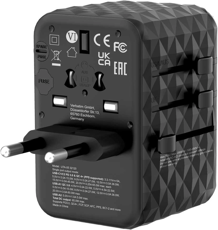 Verbatim kelioninis adapteris EU/UK/US GaN 2xUSB-A/2xUSB-C PD 65W UTA-05 juodas 32120