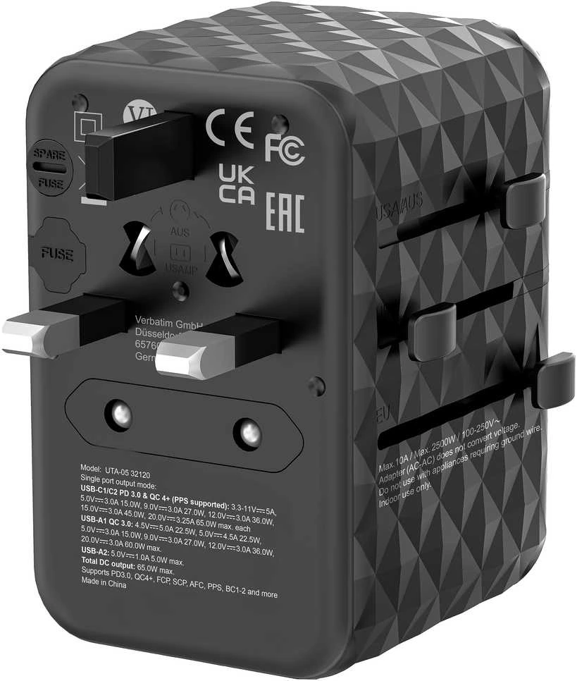 Verbatim kelioninis adapteris EU/UK/US GaN 2xUSB-A/2xUSB-C PD 65W UTA-05 juodas 32120