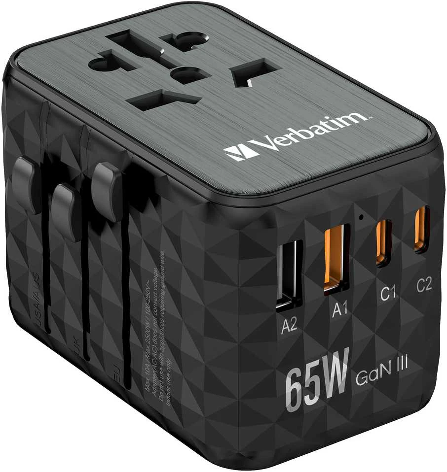 Verbatim kelioninis adapteris EU/UK/US GaN 2xUSB-A/2xUSB-C PD 65W UTA-05 juodas 32120